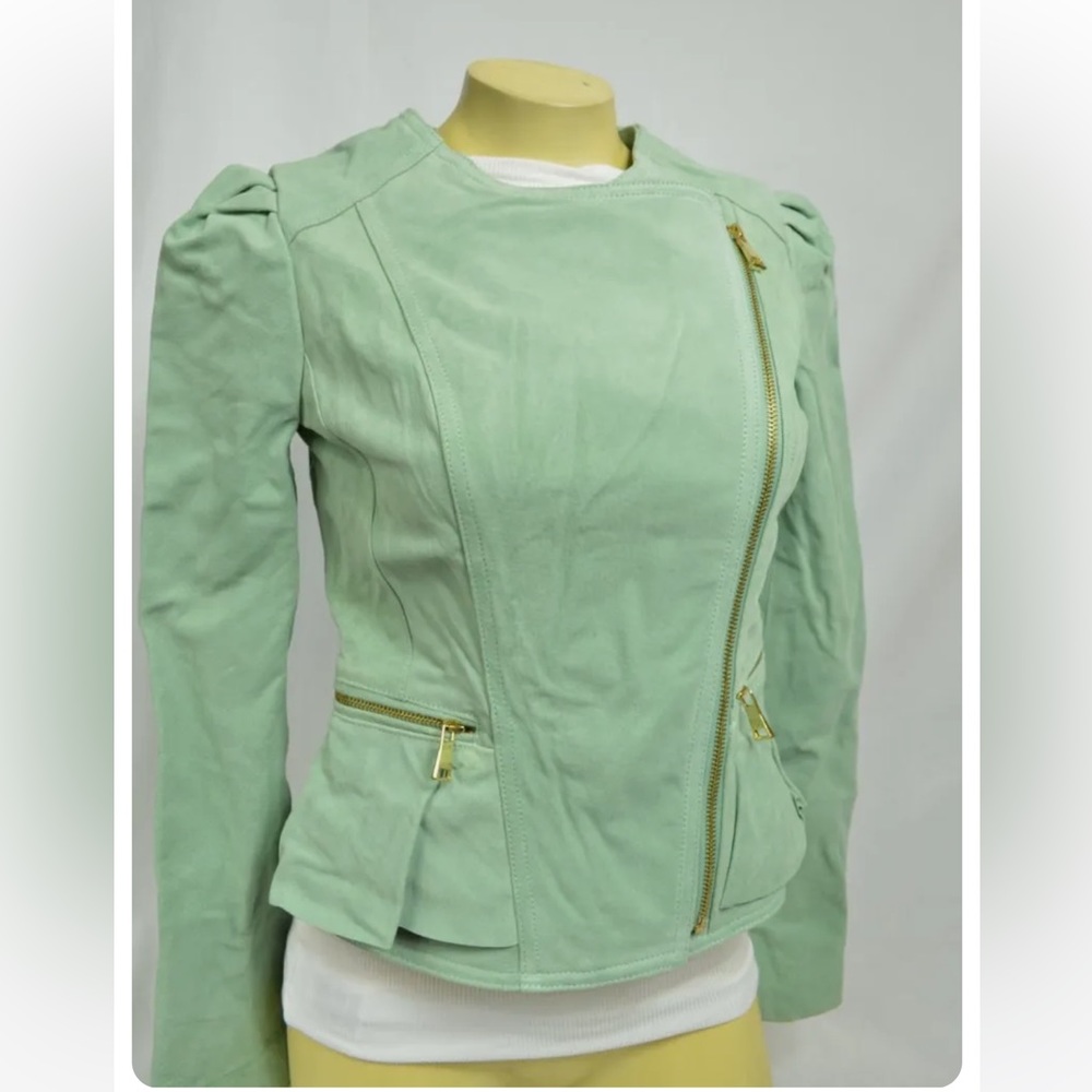 Bebe Jacket Coat Zip Up Peplum Beige - 229450 - Suede Light Mint Green- Size S/P